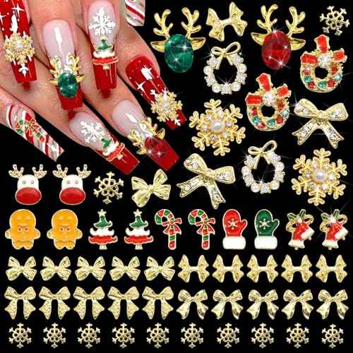 BELICEY 52Pcs Christmas Nail Charms - Gold 3D Bow Snowflake Elk Charms with Gems Rhinestones Accessories Metal Nail Art Supplies Winter Holiday Decorations