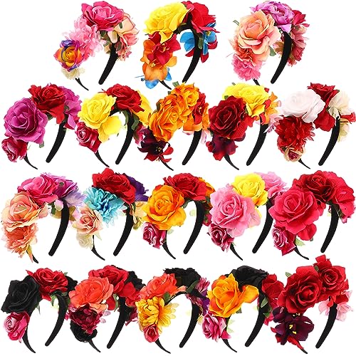 Xinnun 18 Pcs Mexican Rose Flower Crown Headband Easter Mardi Gras Headpiece Cosplay Headgear for Party