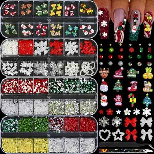 Christmas Nail Charms - 3D Bow Nail Charms, Pearls, Red & Green Nail Rhinestones, Santa, Snowman, White Snowflake, Metal Caviar Beads, with Kit, for Nail Art, Gift