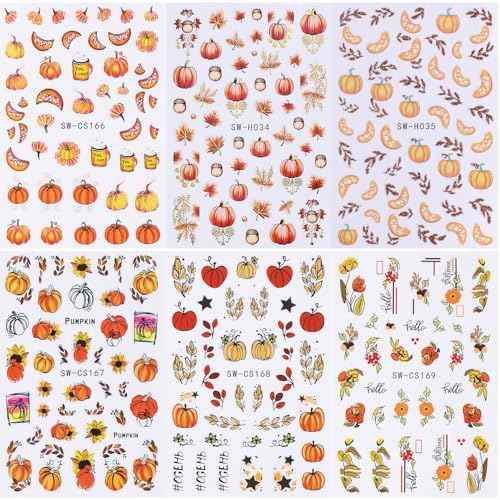 Fall Nail Art Stickers, Autumn Pumpkin Nail Decals 3D Self-Adhesive Red Gold Maple Leaf Pumpkin Fall Sunflower Flower Nail Art Design Thanksgiving Nail Accessories for Women Girls(6 Sheets)