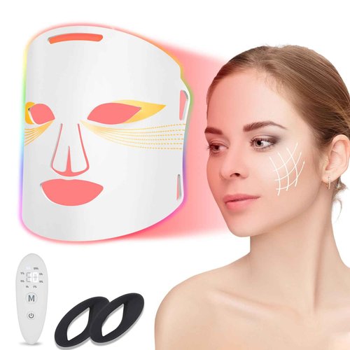 Hopihe LED Face Mask Light Therapy, 7 Color LED Red Light Therapy for Face with 3 Modes Rechargeable Remote, 850NM Infrared & Red Light Mask Timing Function for Home(White)