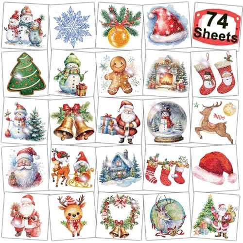 Glitter Christmas Temporary Tattoos for Kids - 74 Individually Sheets for Xmas Party Favors, Stocking Stuffer, Christmas Eve Gift