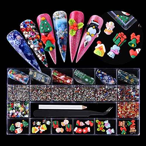 Christmas Nail Art Rhinestones Christmas Resin Nail Charms Nail Foil Sequins 3D Reindeer Socks Bell Christmas Tree Design for Nails Art Gems DIY Crafts Decoration with Wax Pen & Tweezer