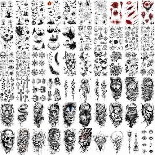 72 Sheets Halloween Temporary Tattoos for Men Women Adults - Black 3D Realistic Scary Animals Skulls Scars, Fake Tattoos Set for Cosplay Arm Sleeve Neck, Waterproof Long-Lasting Body Tattoo Sticker