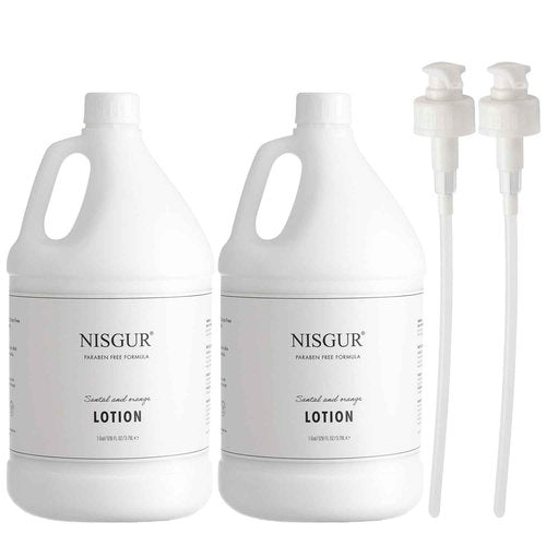 NISGUR Hotel Body Lotion in Gallon Size 1 Gallon Each Total 2 Gallon Jugs with Extra Pump Dispenser to Refill Wall-mounted and Stand Dispenser Aloe vera, Green Tea Extract Infused Hotel Toiletries