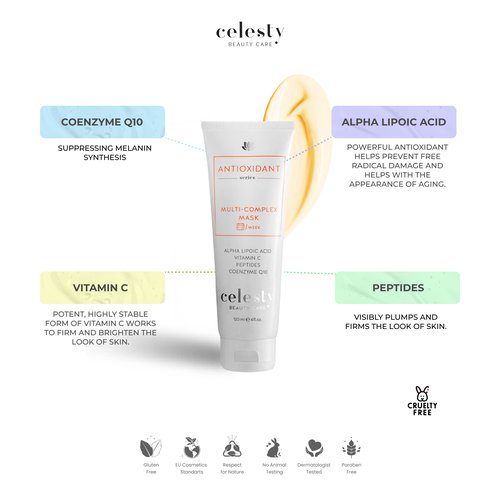 Celest Beauty Antioxidant Deep Face Mask Skincare, Boosts Collagen, Vitamin C, Coenzyme Q10, Alpha Lipoic, 24 Extracts for your Anti Aging Revitalized Radiant Skin. 4 Fl Oz Large Size.