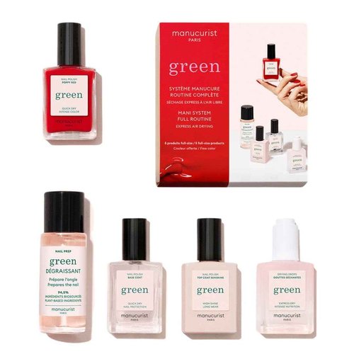 Manucurist System Green™ (Poppy Red) - Professional Manicure Gift Set, Vegan : 1 Nail Prep, 1 Base Coat, 1 Poppy Red Nail Polish, 1 Top Coat, Drying Drops -Christmas Gifts for Women - Gifts for Her