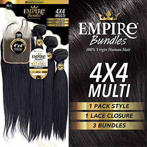 Sensationnel Empire bundles multi - straight with 4x4 closure 10a tangle shed free human hair for weaving and sew in styles (12 14 16 Inch, NATURAL)