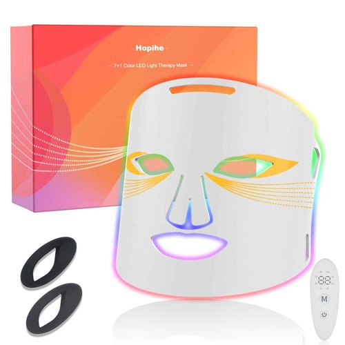 Hopihe LED Face Mask Light Therapy, 7 Color LED Red Light Therapy for Face with 3 Modes Rechargeable Remote, 850NM Infrared & Red Light Mask Timing Function for Home(White)