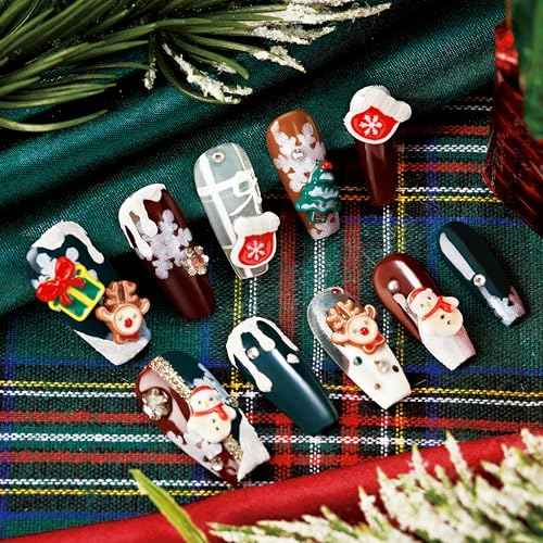 Press On Nails, 10 Pcs, Exclusive for Christmas, Cute 3D Reusable Gel Nails, Thick Acrylic, Custom Made, Long Trapezoid, Stronger, Gifts for Women/Girls (Cute Christmas, M)