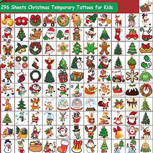 Christmas Temporary Tattoos for Kids - 296 PCS Christmas Individual Tattoos for Kids Christmas Xmas Party Favors, Stocking Stuffer, Christmas Eve Gift