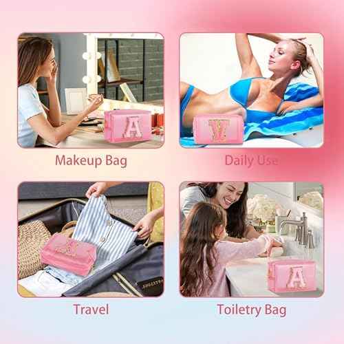 Clear Makeup Bag for Women - Small Personalized Initial Cosmetic Bags A-Z Chenille Letter Make up Pouch Waterproof Toiletry Bag Travel Accessories Gifts for Women Christmas Gifts (Pink Z)