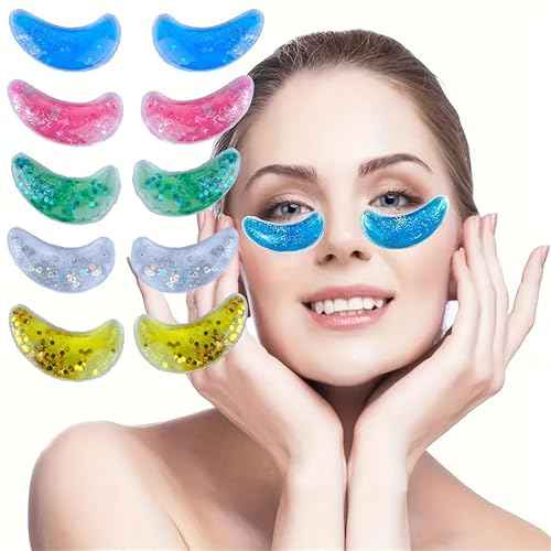 Reusable Hot and Cold Gel Eye Patches for Puffy Eyes, Multi-Color Glitter, Cooling Therapy Eye Mask, 5 Pairs (Star Model)
