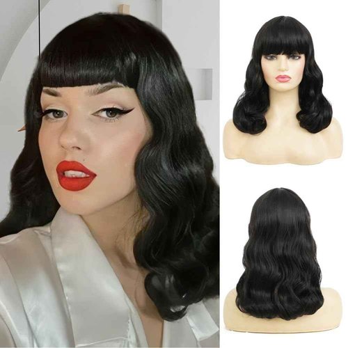Dai Cloud Black Finger Wave Wigs for Women Long Curly Black Wigs with Bangs 1920s Women Vintage Hair Halloween Cosplay Party Costume Wig