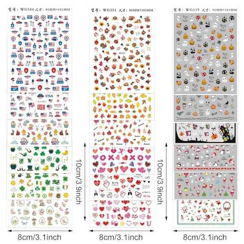 Whaline 18 Sheets Fall Nail Art Stickers All Holiday Nail Decals All Season Halloween Christmas Winter Valentine 4th of July Self-Adhesive Nail Decals for Xmas DIY Manicure Party Decor