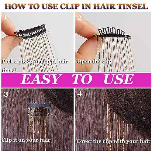 Clip In Purple Tinsel Hair Extensions Kit Glitter Strands Clip In for Girls Women Fairy Hair New Year Party Halloween Festival Gift