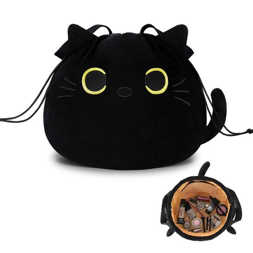 Funny Cat Drawstring Makeup Bag - Large Capacity Cute Travel Toiletry Bag Cosmetic Bag Pouch Organizer - Valentines Day Mothers Easter Birthday Unique Gifts for Women Girls Cat Lovers-Black