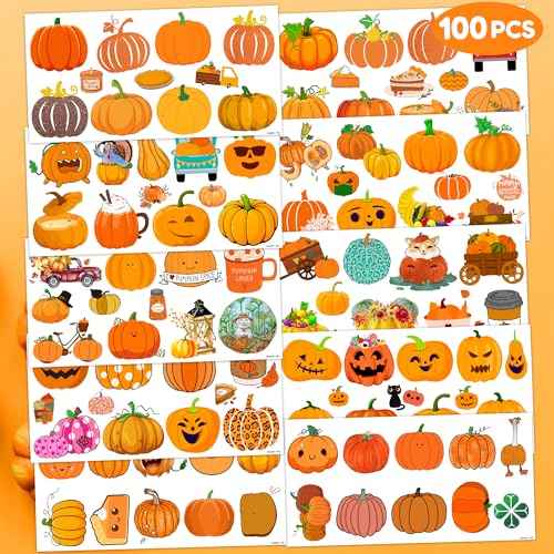 Cute Pumpkin Temporary Tattoos 10 Sheets 100 PCS Fall Pumpkin Party Decorations Favors Supplies Fall Theme Birthday Stickers Halloween Gifts for Boys Girls Kids Class School Prizes Carnival Christmas