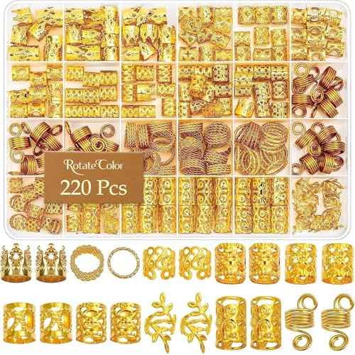 Hair Jewelry, Dreadlock Accessories, Gold Hair Cuffs, Soft Lightweight Braid Accessories, Hair Charms, Sturdy Loc Jewelry, Adjustable Hair Cuffs, Loc Jewels for Black Women, Men (220Pcs-Gold)