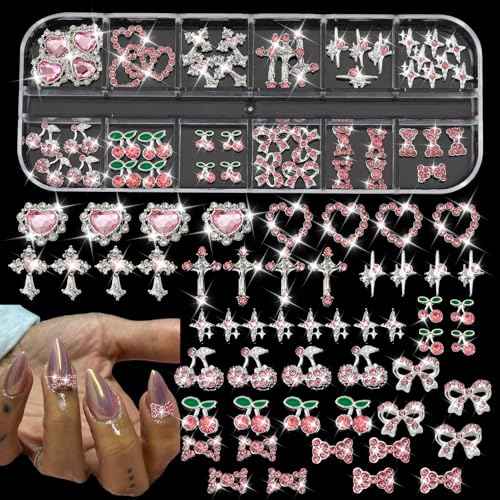 52PCS Pink and Silver Metal 3D Nail Charms Bulk, Bow, Heart, Cherry, Cross and Star Charms for Nails-Shiny Nail Rhinestones for Nail Art, Manicure, DIY Jewelry Making