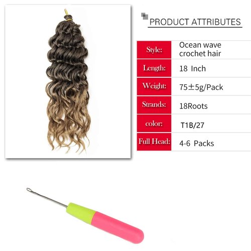 Ocean Wave Crochet Hair 18inch Deep Wave Curly Crochet Hair For Women,Ombre Hawaii Curly Braiding Hair Synthetic Bohemian Crochet Braid Water Wave Crochet hair Extensions (6Packs, T1B/27)