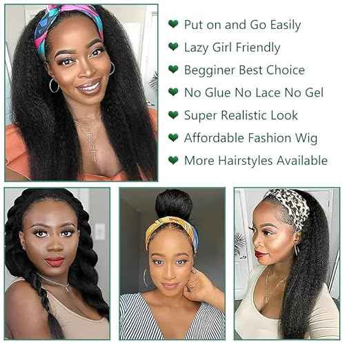 Zealady Human Hair 180 Density Yaki Straight Headband Wigs for Black Women, 14 Inch