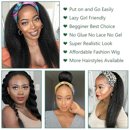 Zealady Human Hair Headband Wig For Black Women Kinky Straight Headband Wig 12A 180 Density Yaki Straight Human Hair Wigs With Headband Attached Half Wig 16 Inch