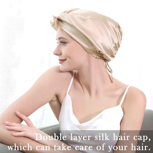 100% Mulberry Silk Bonnet for Sleeping Women, 22 Momme Grade-6A Double Layer Silk Hair Wrap for Hair Care with Elastic Stay On Head
