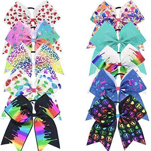 DeD 10 Pcs Elastic Bow 7" Large Hair bows Boutique Rainbow Golden-plating Grosgrain Ribbon Pigtail Holder For School Girls Teens Cheerleader
