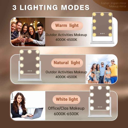 Leadzones Hollywood Vanity Mirror with Lights,Tabletop Makeup Mirror with 9 LED Lights Smart Touch Control 3 Colors Light 360°Rotation Detachable 10X Magnification
