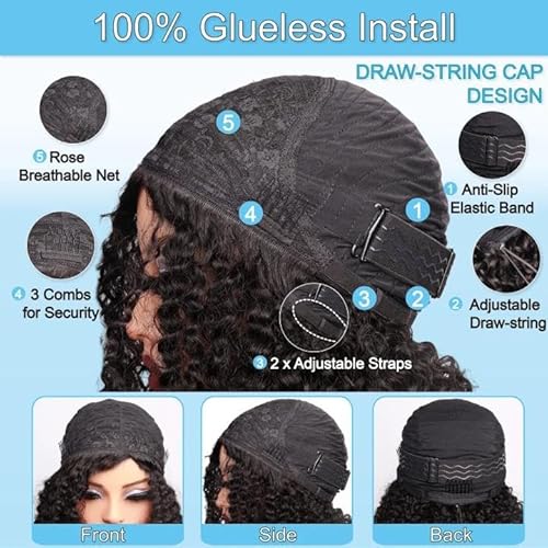Kinky Curly Half Wigs 100% Human Hair 180 Density 3 In 1 Seamless Flip Over Half Wigs Kinky Burmese Curly Deep Water Wave Glueless Wear and Go Wig Drawstring Headband Ponytail Wig for Women 16 Inch