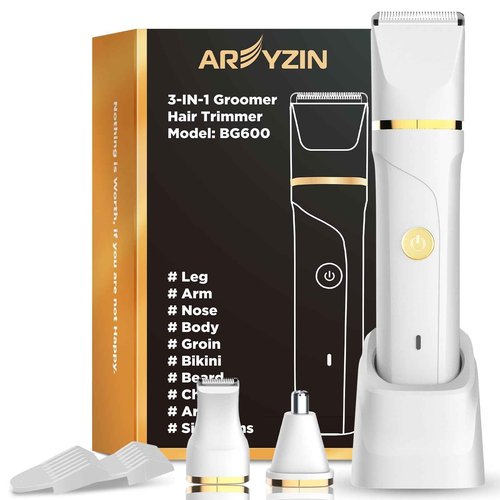 AREYZIN Bikini Trimmer for Women Painless Electric Razor for Women,3 in 1 Pubic Hair Trimmer,USB Recharge Dock,Replaceable Ceramic Blade Heads,IPX7,White