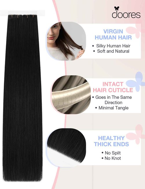 DOORES Invisible Hair Extensions Tape in Invisi Edge, Jet Black 10 Injection Tape-ins with 10 Injection Tape-ins 50g 18 Inch, Injected Tape in Extensions Virgin Human Hair Thick