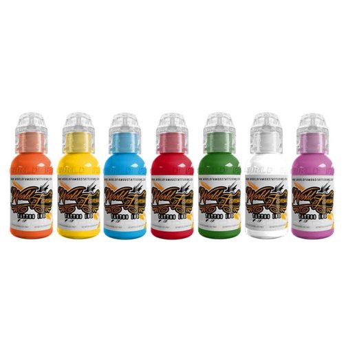 World Famous Tattoo Ink 7 Color Simple Set - Vegan, Color Tattoo Ink Set - Compact Bottles Safe for Convention Travel - Made in America - Professional Midtone Shades (7 Pieces, 0.5 oz Each)