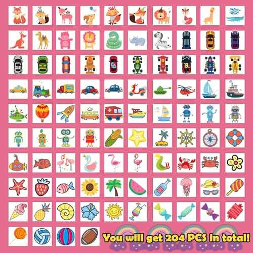 Partywind Kids Temporary Tattoos, 204 PCS Fake Tattoo Stickers for Kids Party Supplies Favors Decorations, Surprise Birthday Goodie Bag Stuffers (Individually Wrapped)