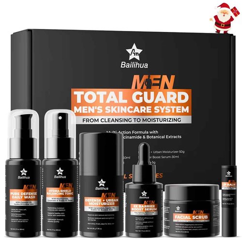 Gift for Men Skincare Skin Care Set for Men Him Complete Routine Kit with Niacinamide & Ceramides - Face Cleanser, Scrub, Toner, Serum, Moisturizer Cream, Lip Balm - Christmas, Father’s Day Gifts