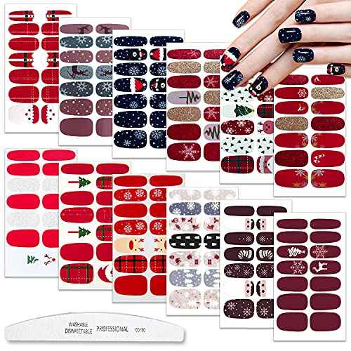WOKOTO 12 Sheets Christmas Nail Polish Strips Wraps Self Adhesive Full Nail Wraps for Nails Santa Claus Elk Snow Man Christmas Tree Christmas Nail Decals Sticker Nails for Nail Art Gel Strips