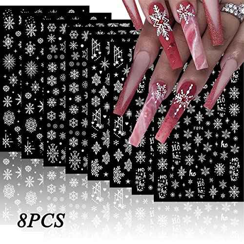 8 Sheets 3D Snowflake Nail Art Stickers Winter Nail Decals Self-Adhesive Glitter Designs Nail Charms Christmas Nail Stickers Winter Holiday Nail Decoration for Women Girls DIY Xmas Nail Art Supplies
