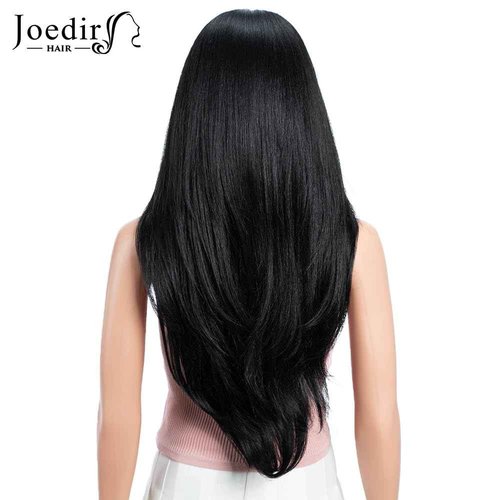 JOEDIR HAIR Synthetic Lace Front Wig for Women Long Layered Hair Wig with Curtain Bangs 24 inch Long Straight Black Hair Wig for Daily Party Cosplay (Color:1B)