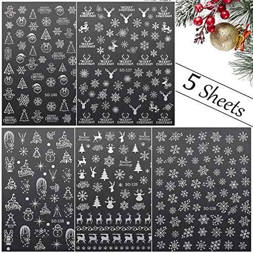 Christmas Nail Art Stickers Decals, White Sliver Snowflake Nail Decorations 3D Winter Christmas Xmas Snowmen Elk Trees Design Nail Stickers for Acrylic Nail Art Happy New Years Party Supplies 5Sheets