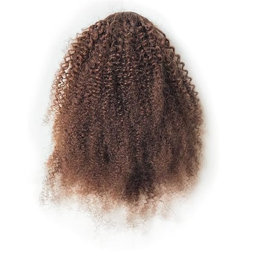 Afro Puffy Human Hair Ponytail Extensions Drawstring 100% Real Remy Hair Afro Kinkys Curly Bun Extension With Two Combs #4 Medium Brown 10 Inches