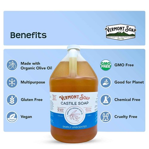 Vermont Castile Soap Unscented, Gentle Liquid Soap for Sensitive Skin & Natural Body Wash, Organic Hair Shampoo for Oily Hair, Aloe Castile Soap for Men & Women - Gallon