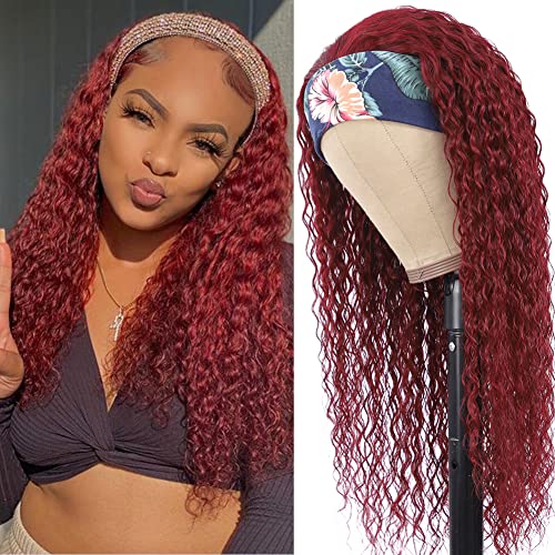 Eooma 99J Burgundy Headband Wig Human Hair for Black Women 10A 180% Density Brazilian Kinky Curly Human Hair Headband Wigs Scarf No Gel Gluelees 18 Inch Remy Hair