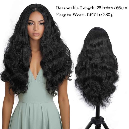 Macodio 26Inch Black Wavy Synthetic fiber Wigs Hand Tied Glueless Natural Density Preplucked Hairline for Daily Party Use (Style 1)