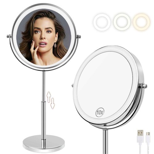 8”Large Makeup Mirror with Lights,1X/10X Rechargeable True Height Adjustable HD Magnifying Mirror with 3 Color Dimmable Lights,360° Rotation Double Sided Vanity Makeup Mirror,Gift for Women (Silver)