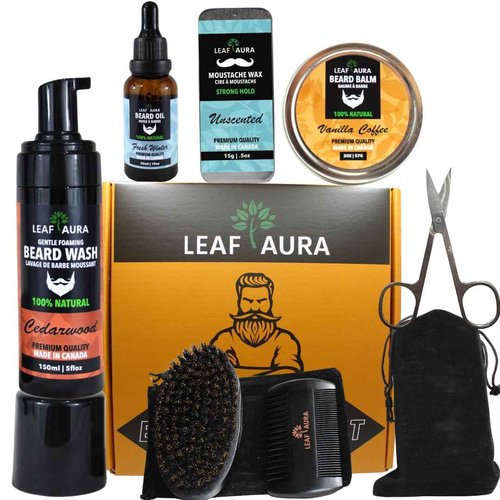 Leaf Aura Beard Care Kit- Comes With Beard Wash, Beard Oil, Beard Balm, Moustache Wax, Boar Bristle Brush, Comb with Stainless steel Scissors- Ultimate Gift For Men