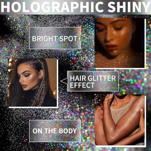 Hair Glitter Body Glitter Spray, 150ML Glitter Hairspray Holographic Silver Glitter Spray for Hair and Body, Hair Glitter for Kids Women, Body Shimmer Festival Makeup 4.2 Fl Oz
