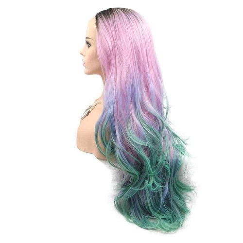 Melody Pink Green Ombre Synthetic Lace Front Wigs With Dark Roots Middle Part Long Wave Wigs for Women 180% Density Half Hand Tied Heat Resistant Fiber Hair Gift for Christmas Halloween 24''