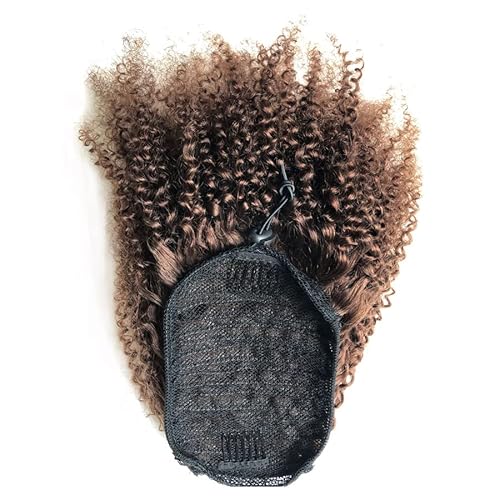 Afro Puffy Human Hair Ponytail Extensions Drawstring 100% Real Remy Hair Afro Kinkys Curly Bun Extension With Two Combs #4 Medium Brown 10 Inches