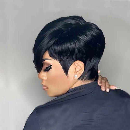 SisBroSis Chic Elegent Pixie Cut Human Hair Wigs for Women Short Layered Pixie Cut Straight Human Hair Wigs With Bangs Natural Black Color Glueless Brazilian Virgin Straight Human Hair Wig (1b)